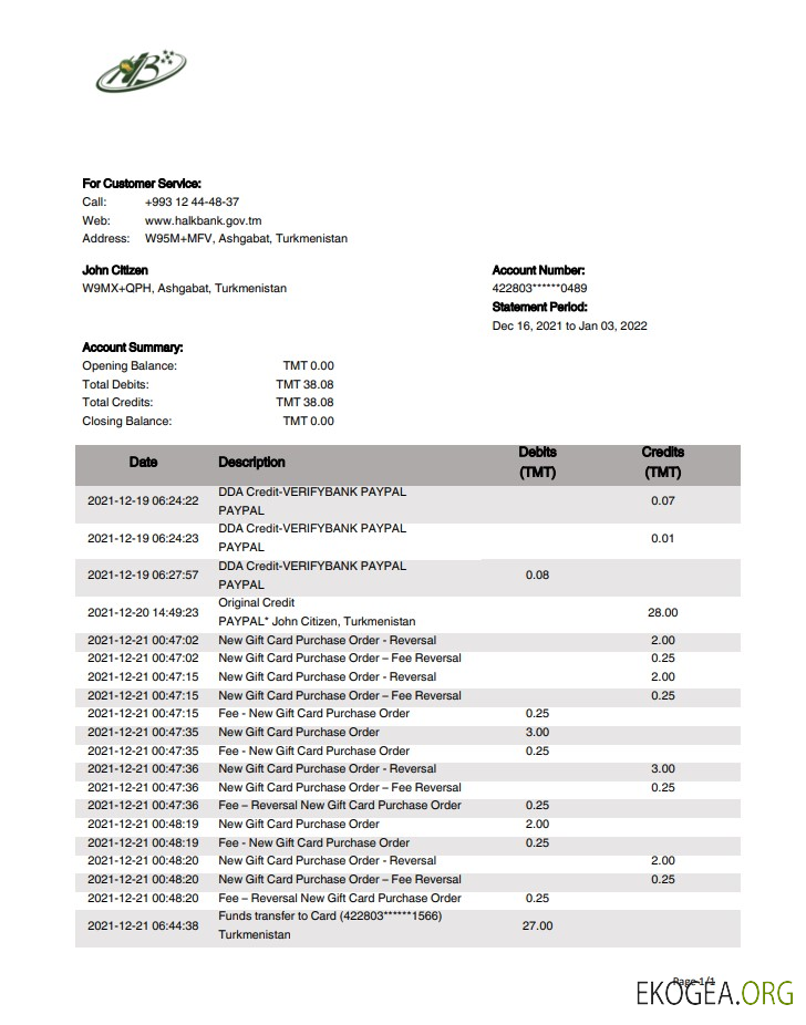 Modèle de relevé bancaire Turkménistan HalkBank, format Word et PDF (.doc et .pdf) template